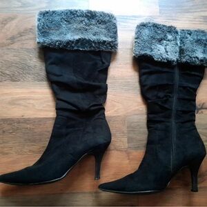 Zara Black Heeled Boots with Gray Fur Trim